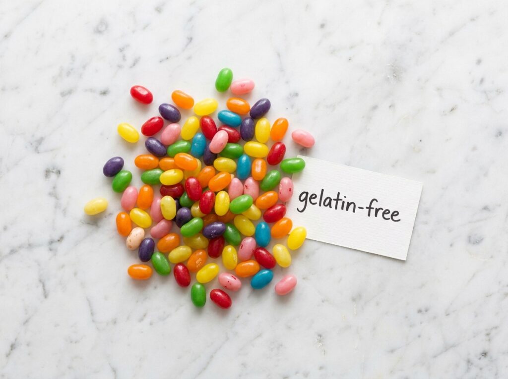 do jelly beans have gelatin colorful assortment on white marble