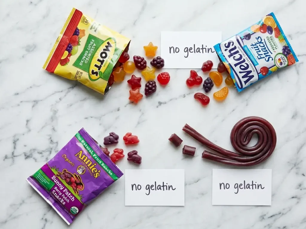 motts gushers annies fruit snacks gelatin free comparison white marble