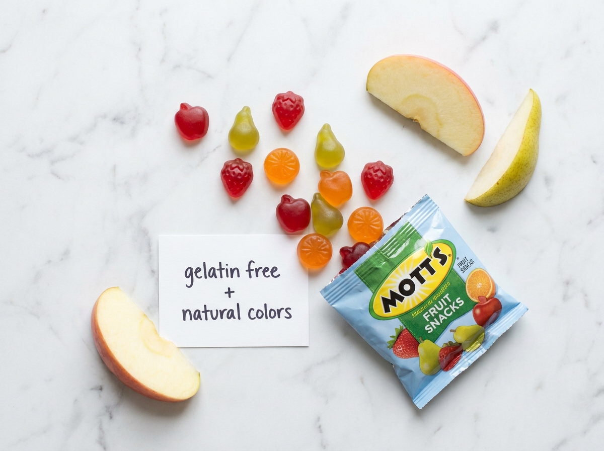 do motts fruit snacks have gelatin gummies on white marble