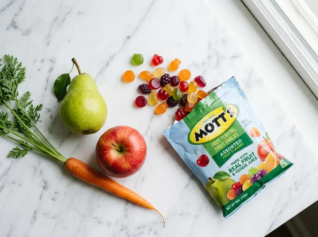 motts fruit snacks real fruit juice pear apple carrot gelatin free white marble