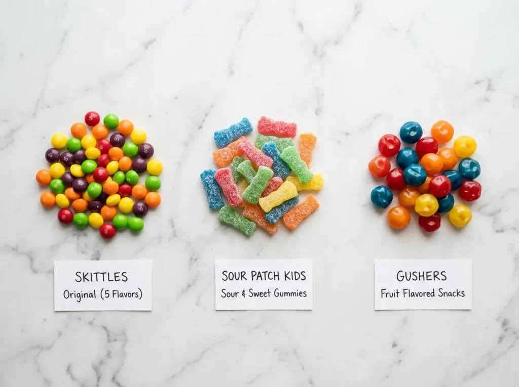 skittles sour patch kids gushers gelatin free comparison white marble