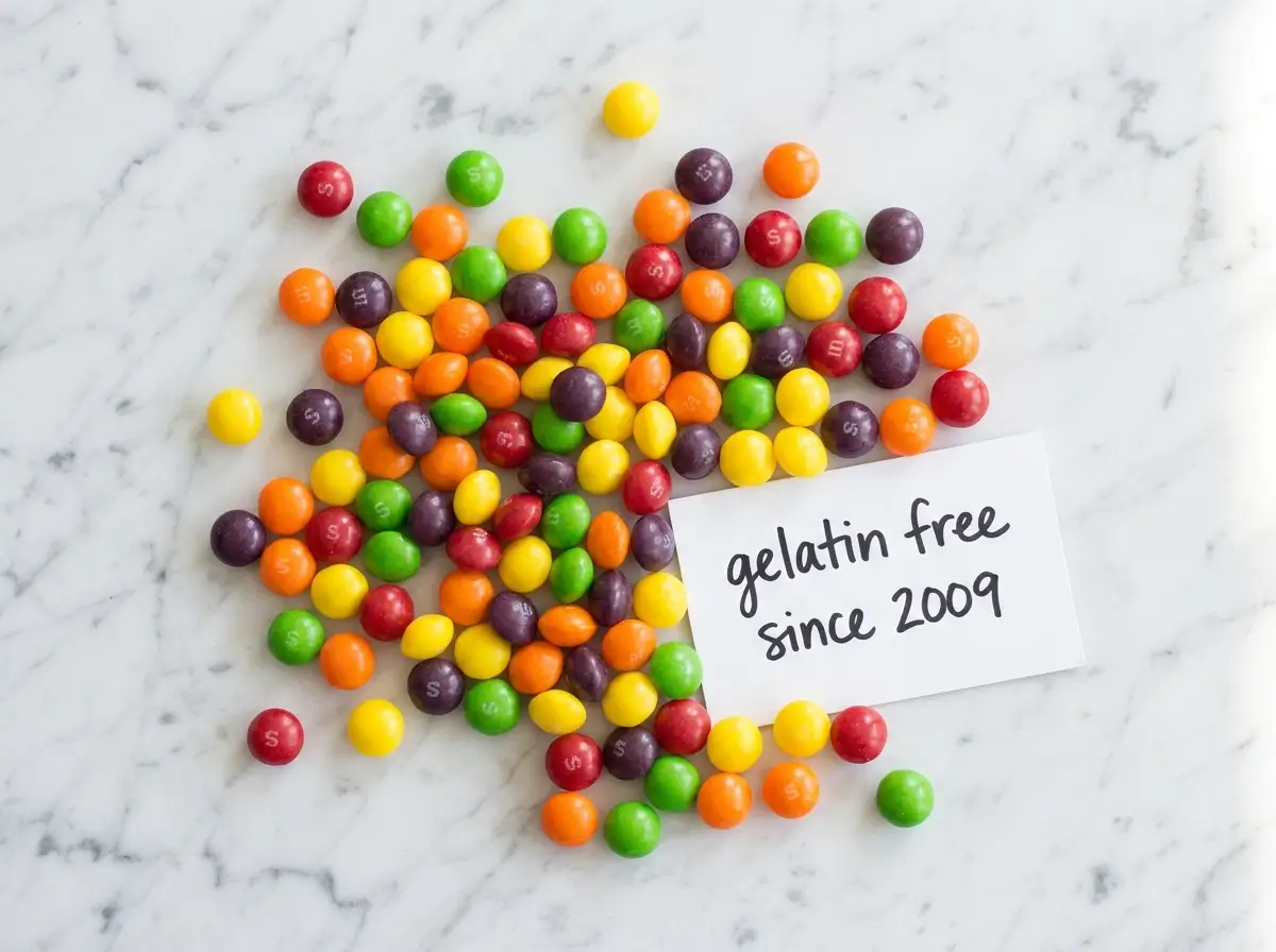 do skittles have gelatin colorful skittles on white marble