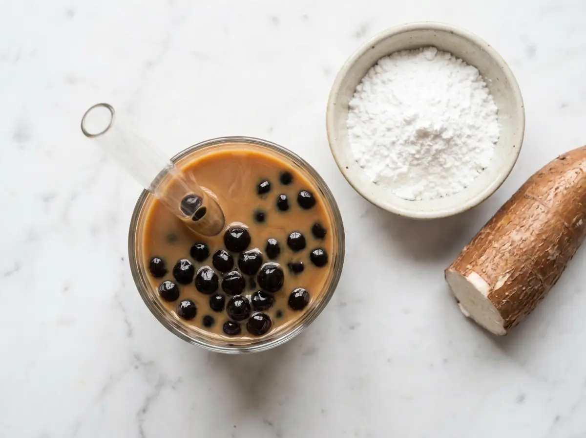 : does boba have gelatin bubble tea with tapioca pearls on white marble