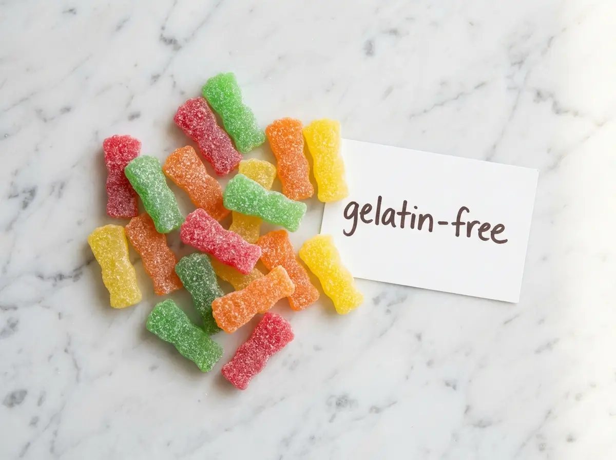 does sour patch kids have gelatin colorful candies on white marble