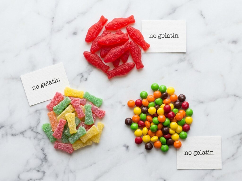 swedish fish sour patch kids skittles no gelatin vegan candy white marble