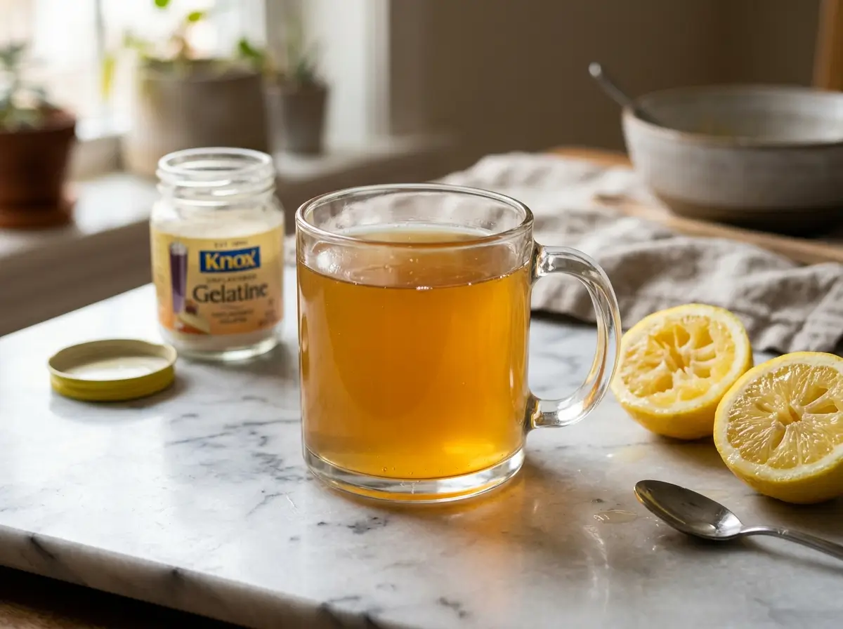 dr william li gelatin recipe warm drink with lemon on white marble