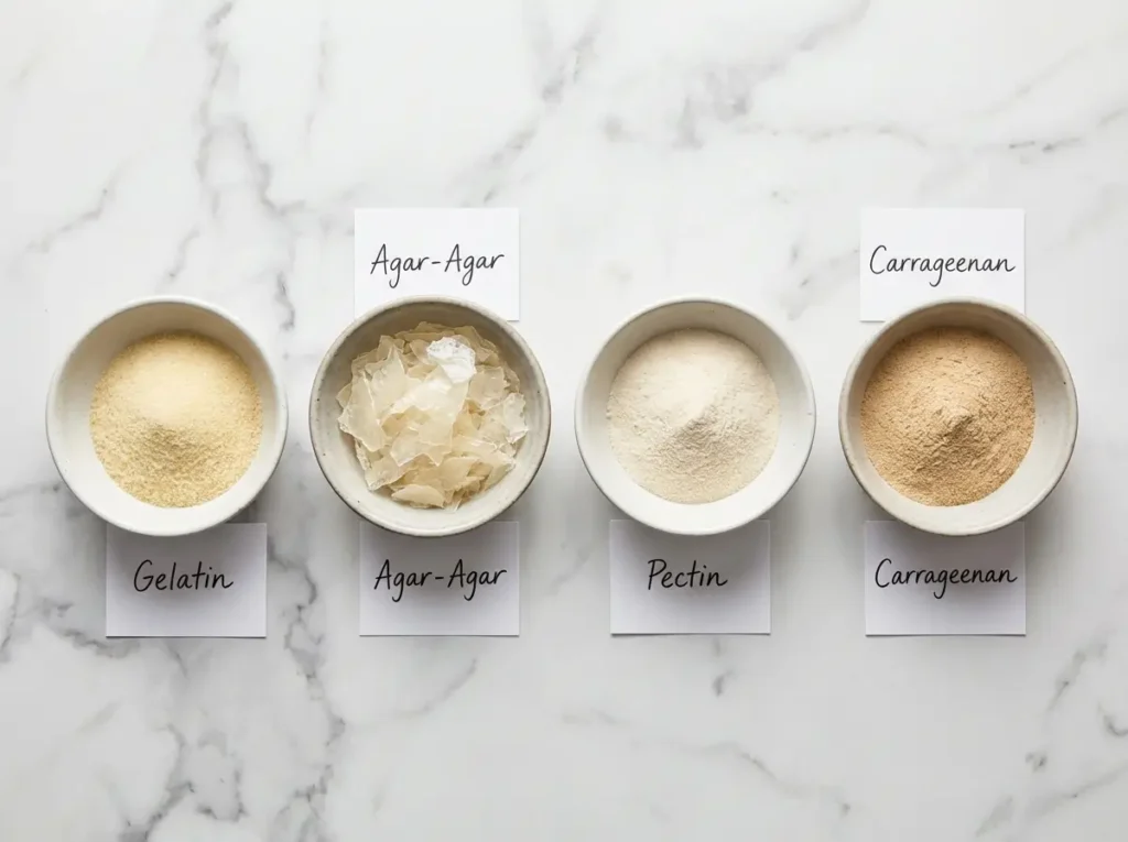 gelatine vs agar-agar vs pectin comparison on white marble