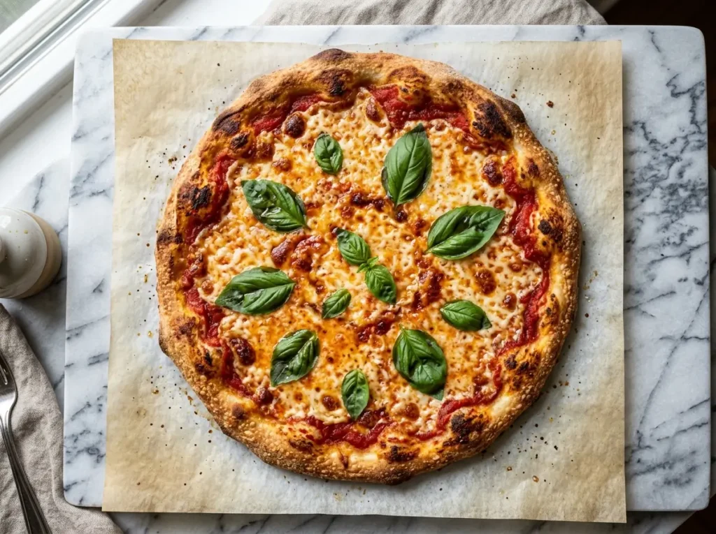 Finished gluten-free pizza with golden bubbly cheese and crispy crust