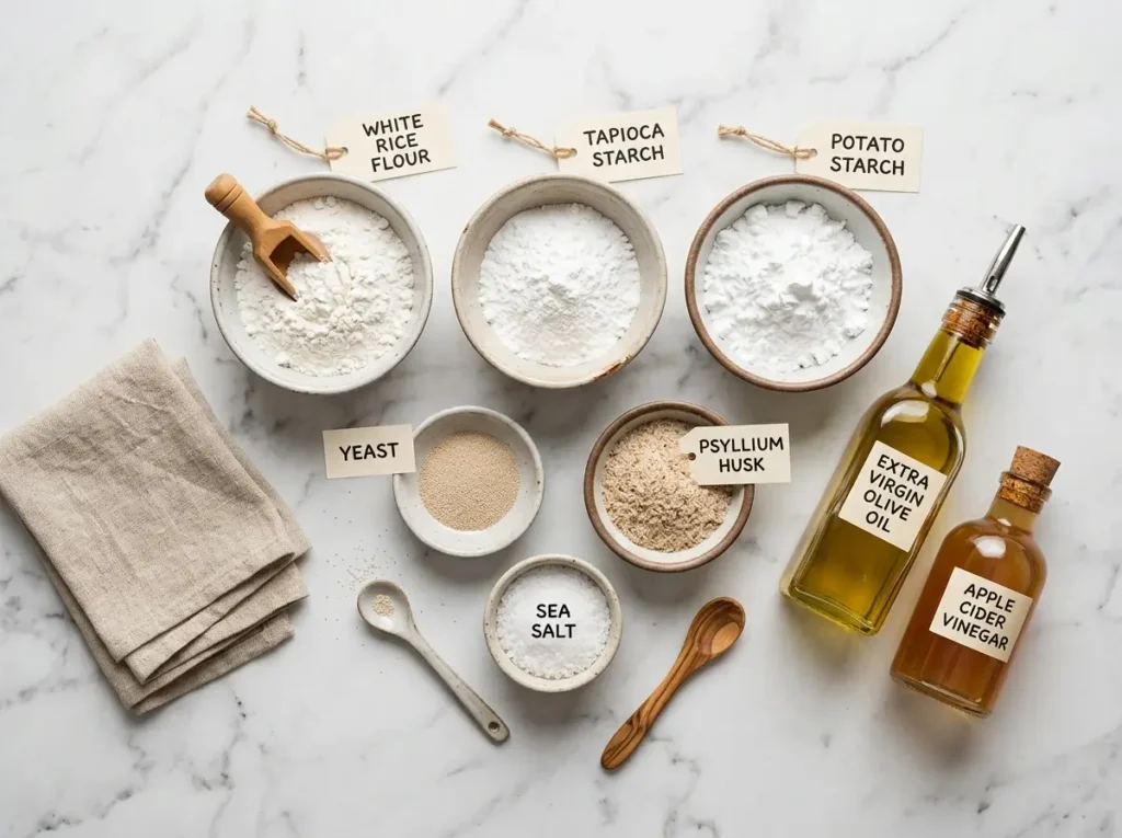 Gluten-free pizza crust ingredients in bowls on white marble