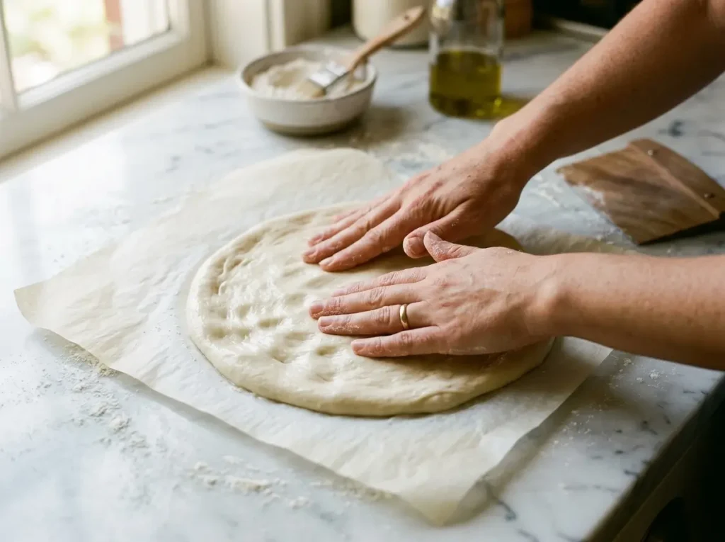 Hands shaping gluten-free pizza dough on parchment paper