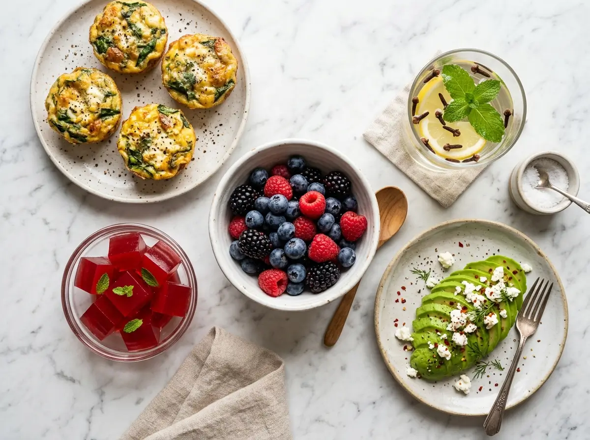 high protein breakfast recipes spread on white marble including muffins and jello cubes
