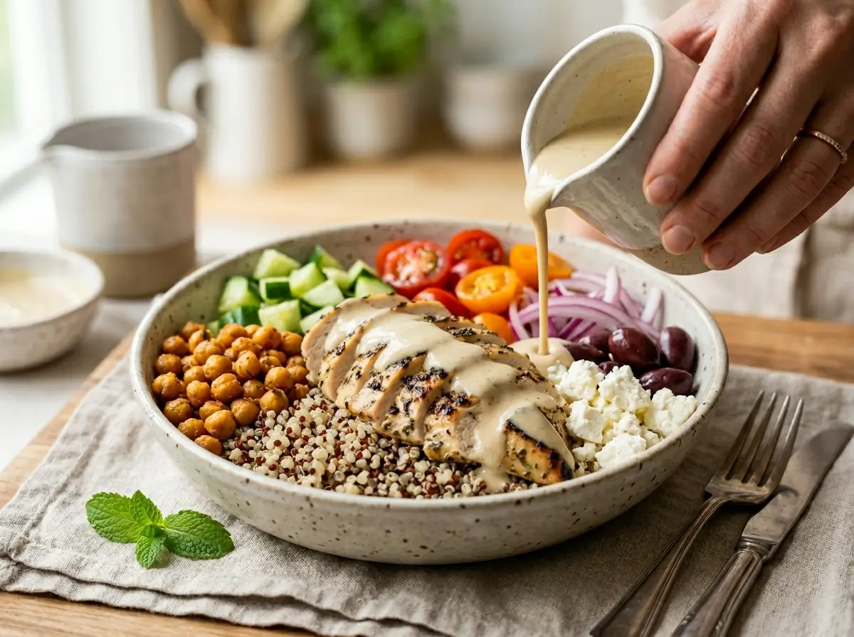 high protein mediterranean bowl recipe with chicken quinoa chickpeas feta on white marble