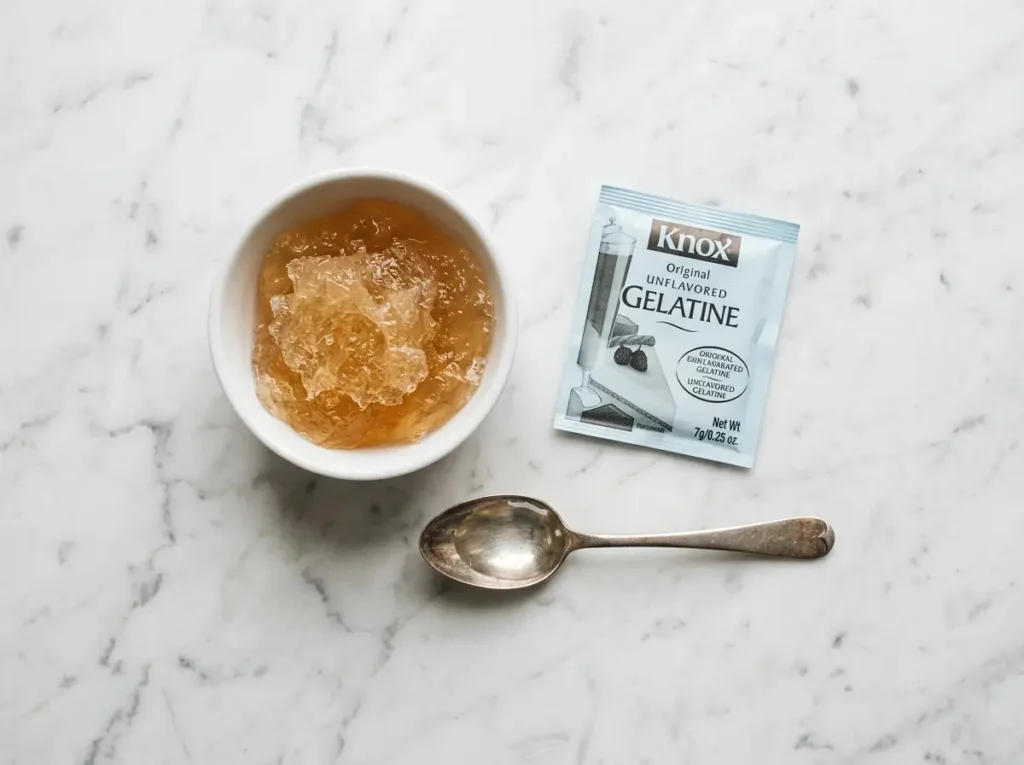 how to bloom gelatin spongy bloomed mass in white bowl on white marble