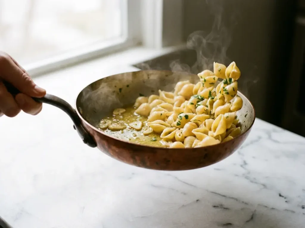 garlic butter pasta shells sauce ina garten buttered noodles on white marble