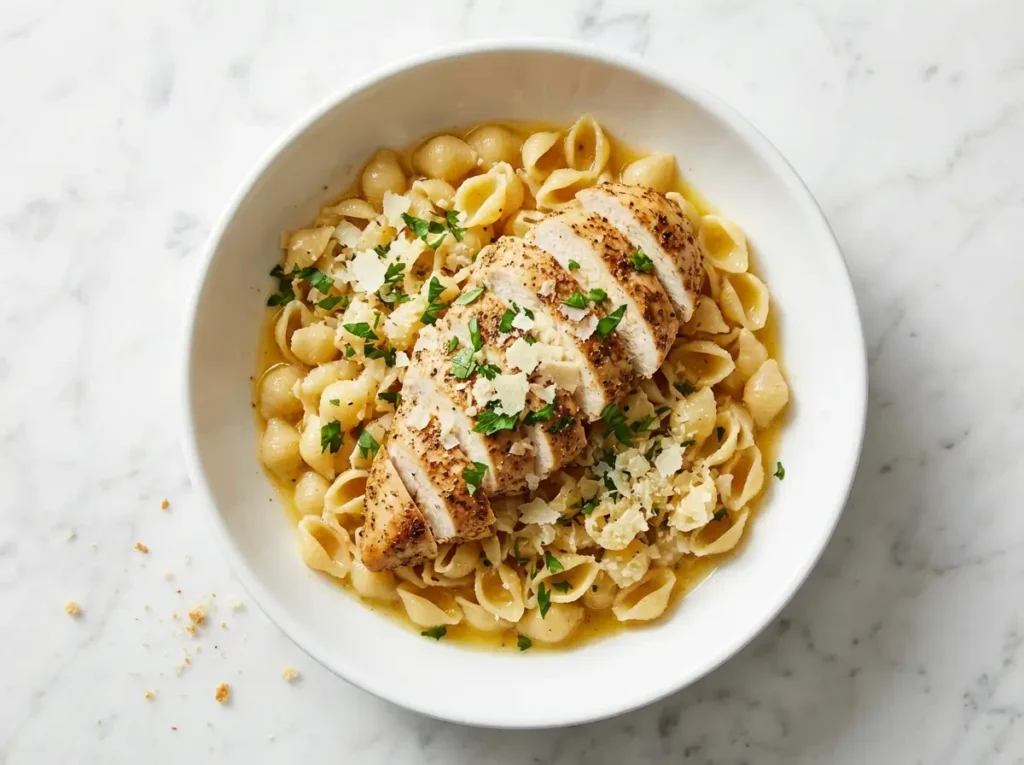 ina garten chicken with buttered noodles recipe in white bowl on marble