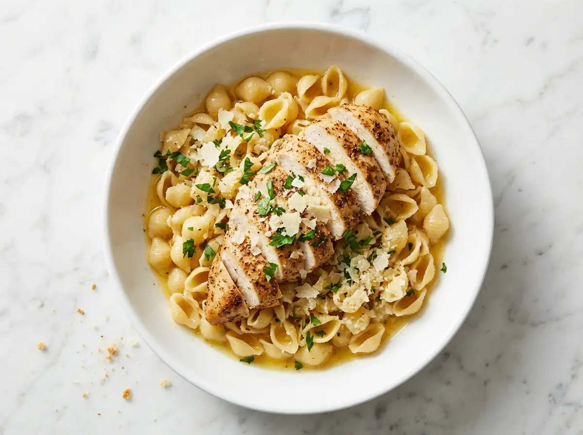 ina garten chicken with buttered noodles recipe in white bowl on marble