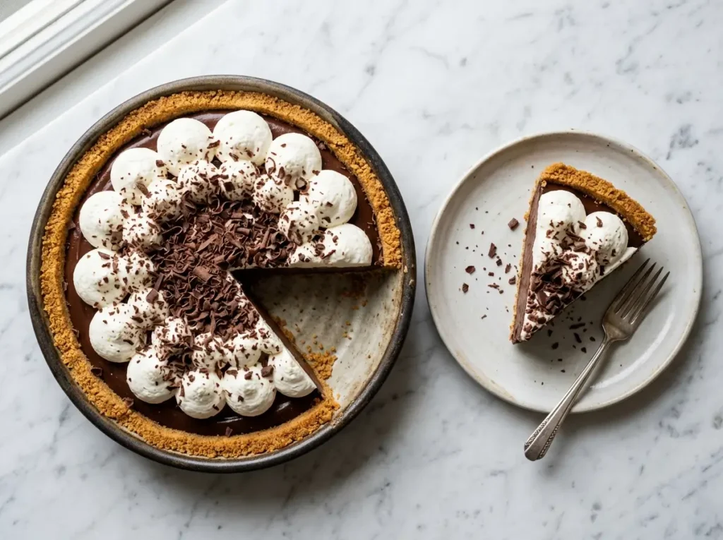ina garten chocolate silk pie recipe slice showing layers on white marble