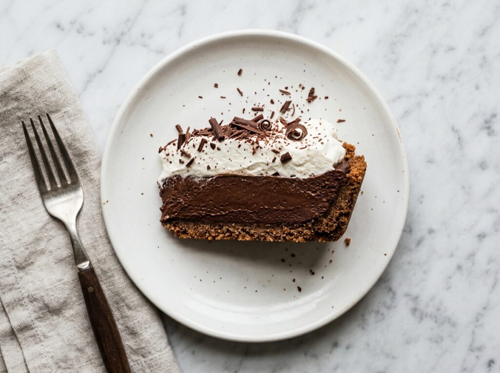 ina garten chocolate silk pie recipe whole pie with whipped cream and chocolate shavings on white marble