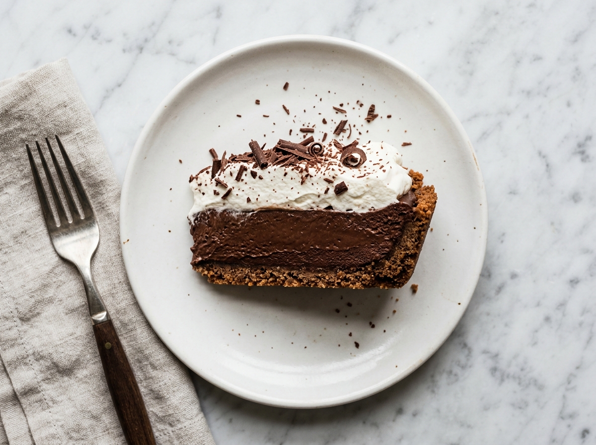 ina garten chocolate silk pie recipe whole pie with whipped cream and chocolate shavings on white marble