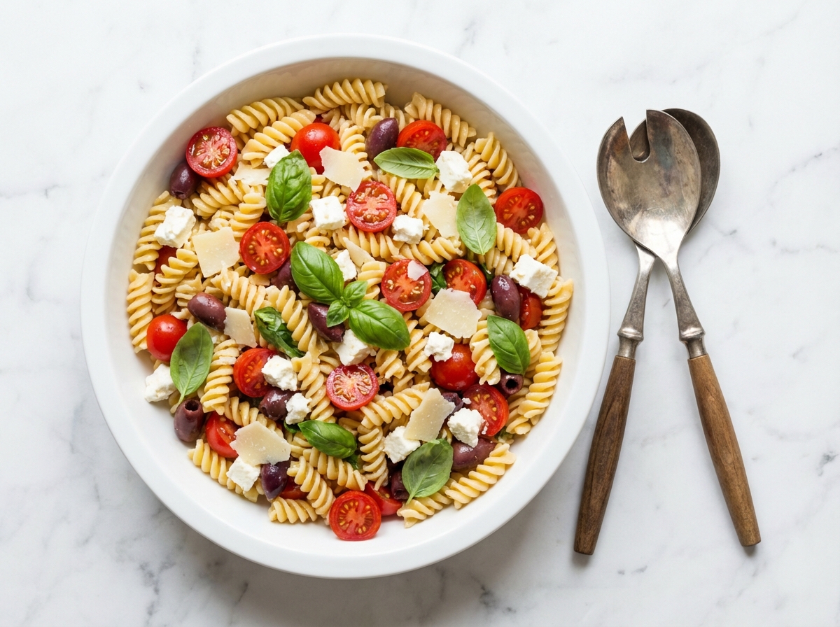 ina garten pasta salad recipe with tomatoes feta basil and olives on white marble