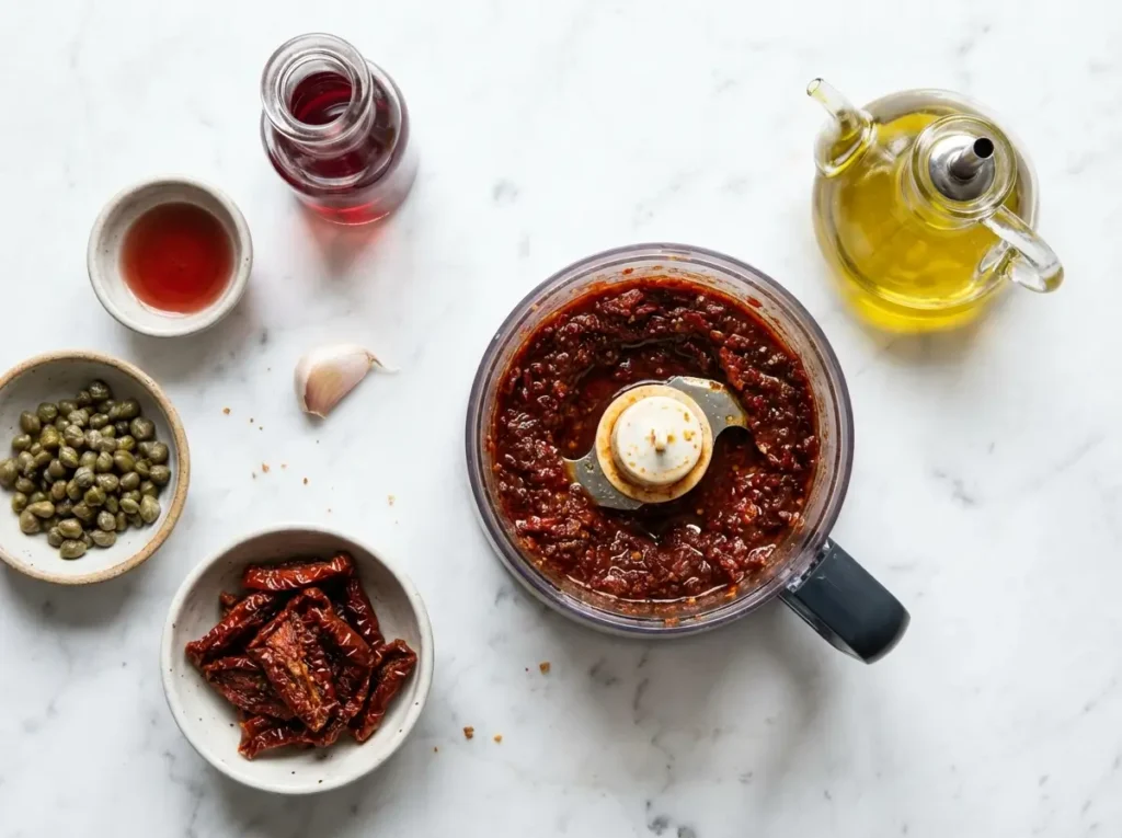 ina garten pasta salad sun-dried tomato dressing ingredients on white marble