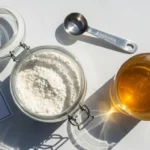 is beef gelatin halal certified powder and dissolved drink on white marble