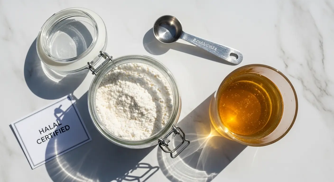 is beef gelatin halal certified powder and dissolved drink on white marble