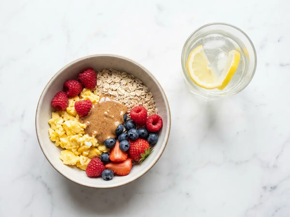 : jelly roll weight loss recipe high protein breakfast bowl on white marble