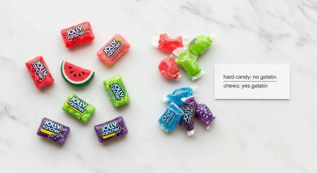 jolly rancher vs starburst sour patch kids gelatin comparison on white marble