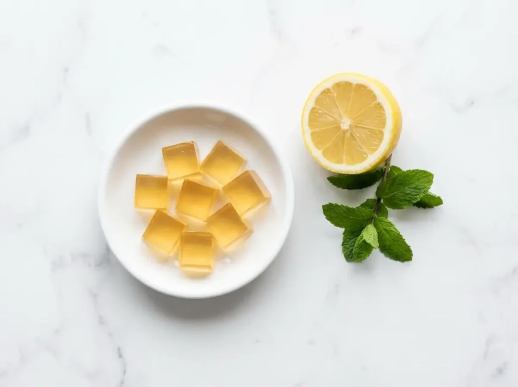 kelly clarkson gelatin recipe chilled cubes with lemon on white marble