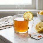 kelly clarkson gelatin recipe warm drink with lemon on white marble