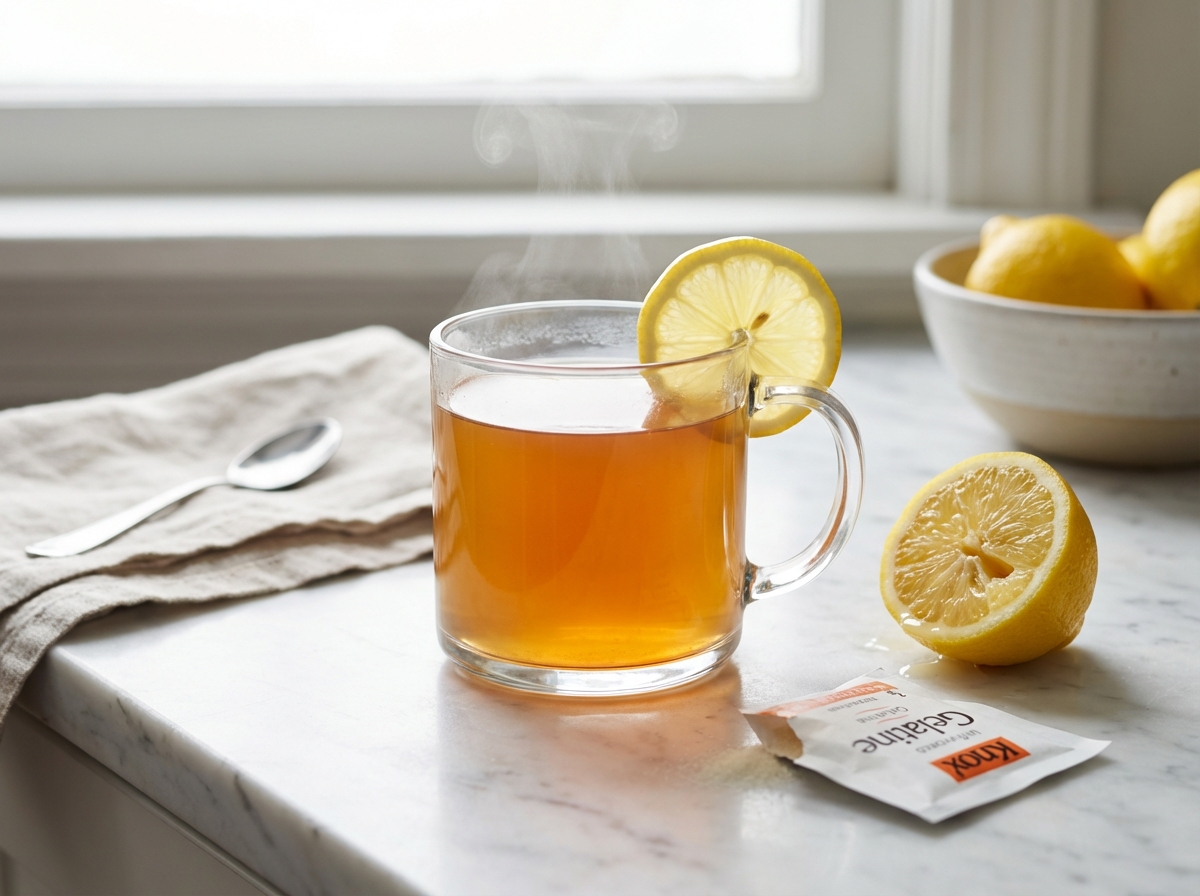 kelly clarkson gelatin recipe warm drink with lemon on white marble