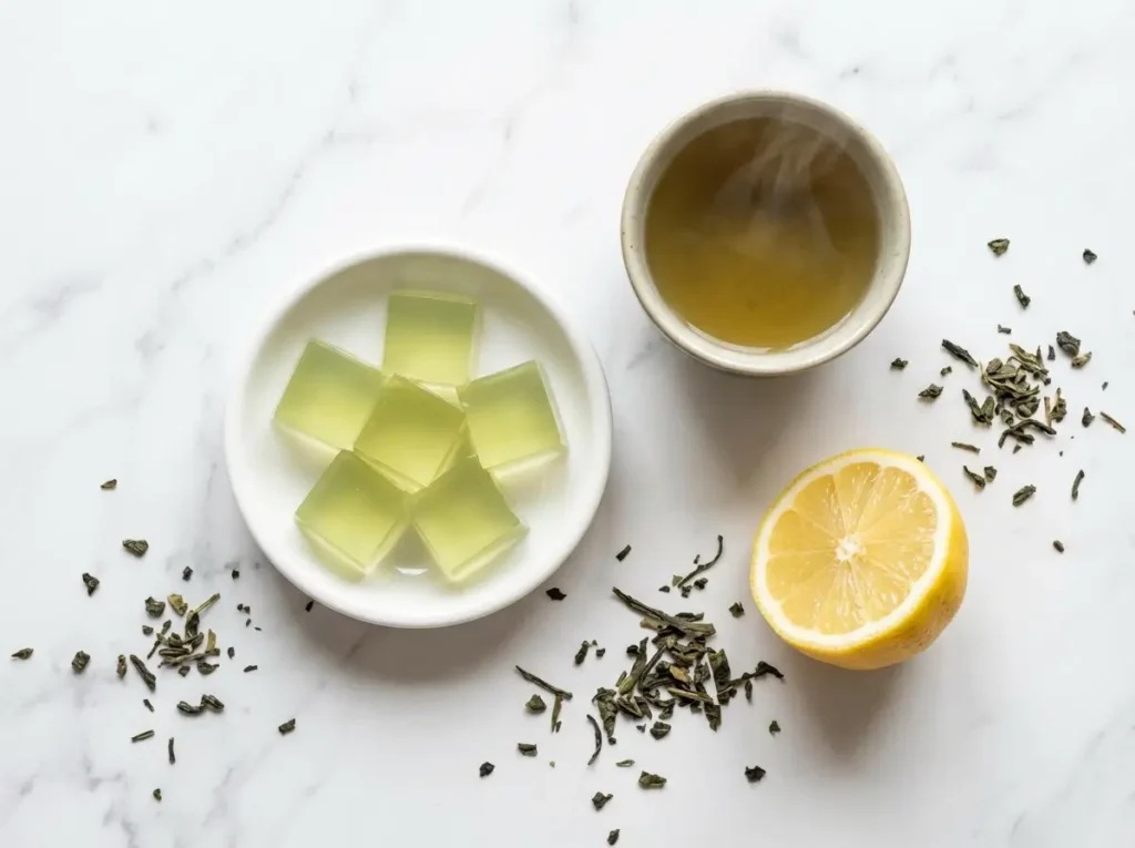 korean gelatin recipe for weight loss green tea cubes on white marble