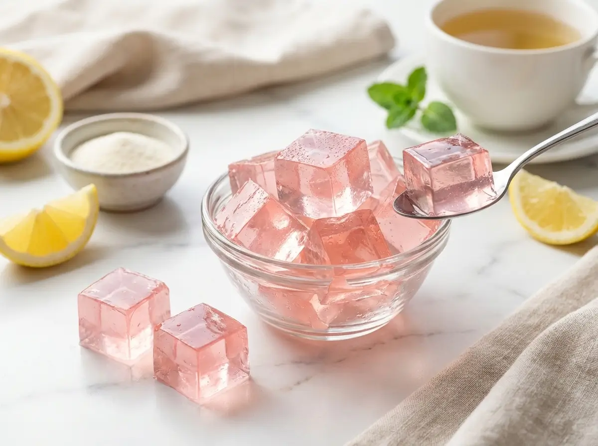 mounjaro jello recipe gelatin cubes on white marble background