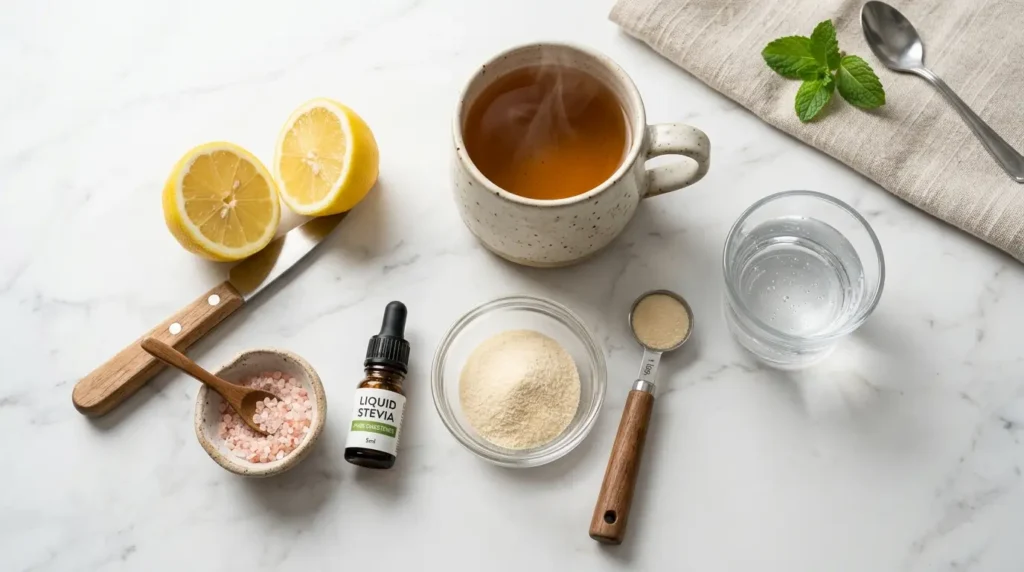 ingredients for mounjaro jello recipe including gelatin powder lemon and herbal tea