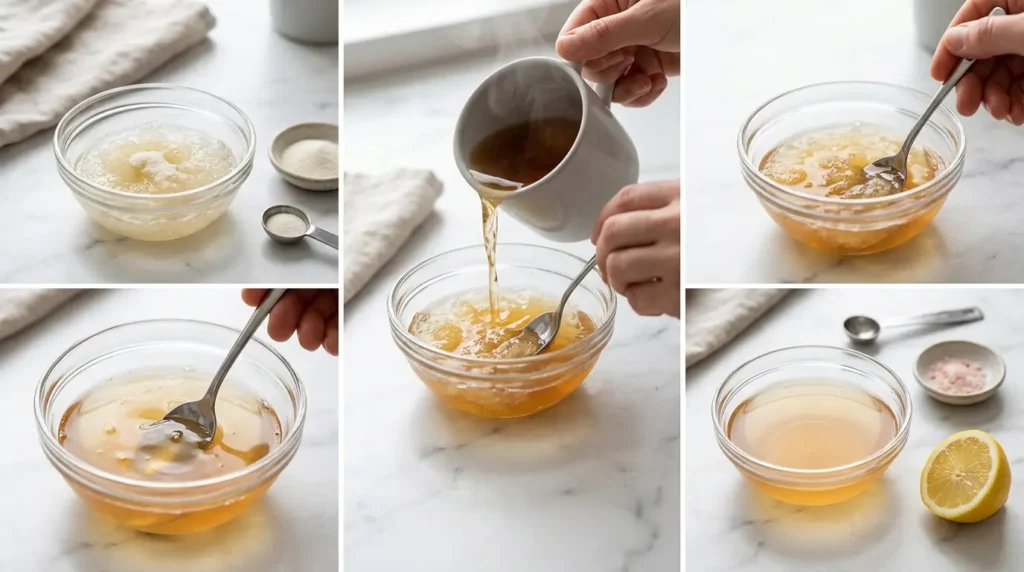 step by step preparation of mounjaro jello recipe showing gelatin blooming in cold water, hot tea being poured and mixture stirred in a glass bowl