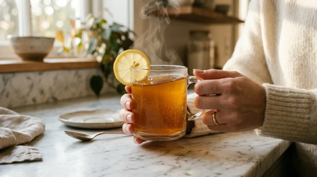 mounjaro jello recipe warm drink version in glass mug with lemon