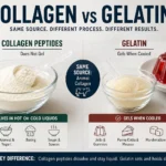 Collagen vs gelatin comparison showing collagen peptides and gelatin powder differences for cooking and desserts