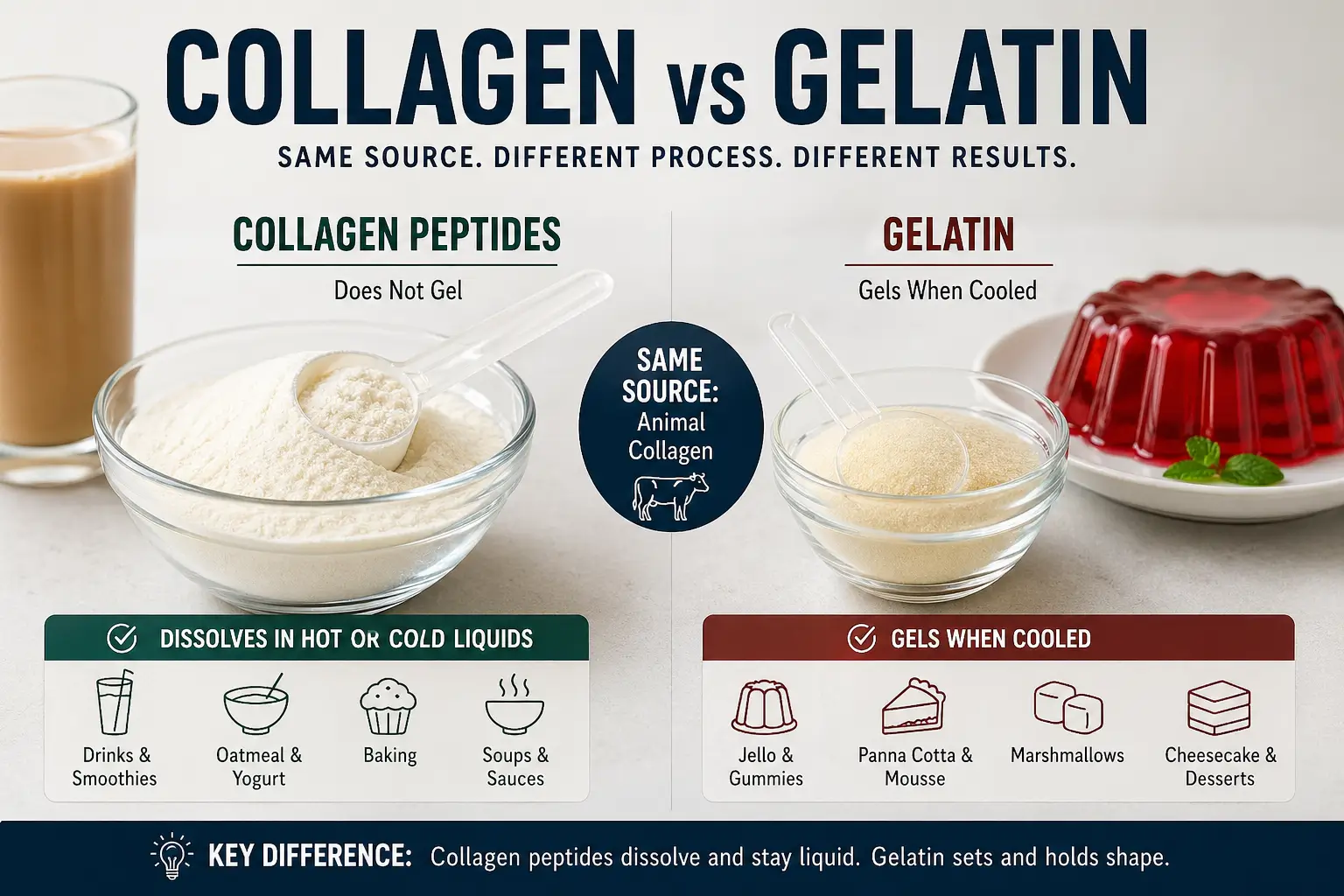 Collagen vs gelatin comparison showing collagen peptides and gelatin powder differences for cooking and desserts