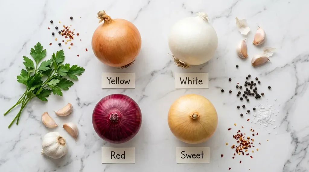 Four types of onions — yellow, white, red, and sweet — on a white marble surface with garlic and spices