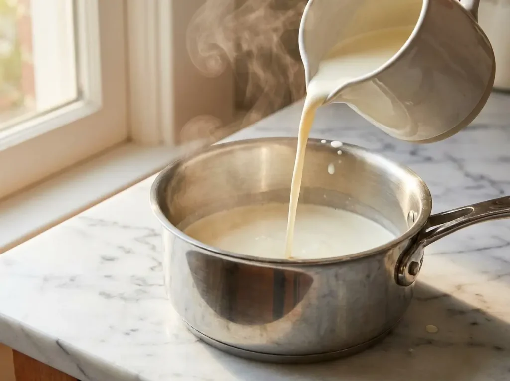 Pouring cream into saucepan for panna cotta