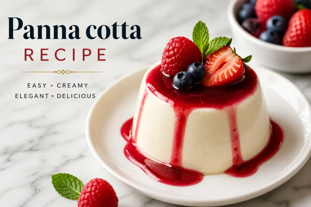 panna cotta recipe with berry coulis on white plate