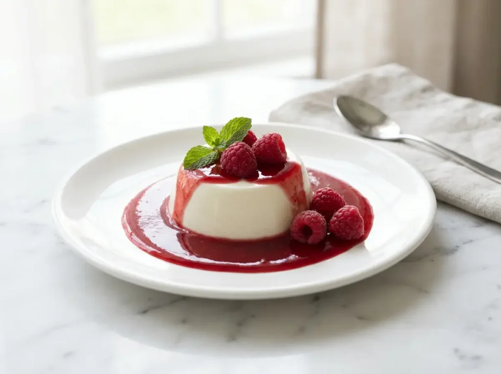 Panna cotta unmolded on plate with berry coulis