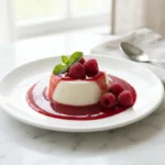 Panna cotta unmolded on plate with berry coulis