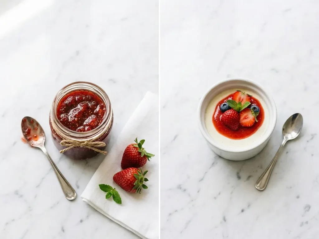 Strawberry jam and panna cotta illustrating pectin vs gelatin uses