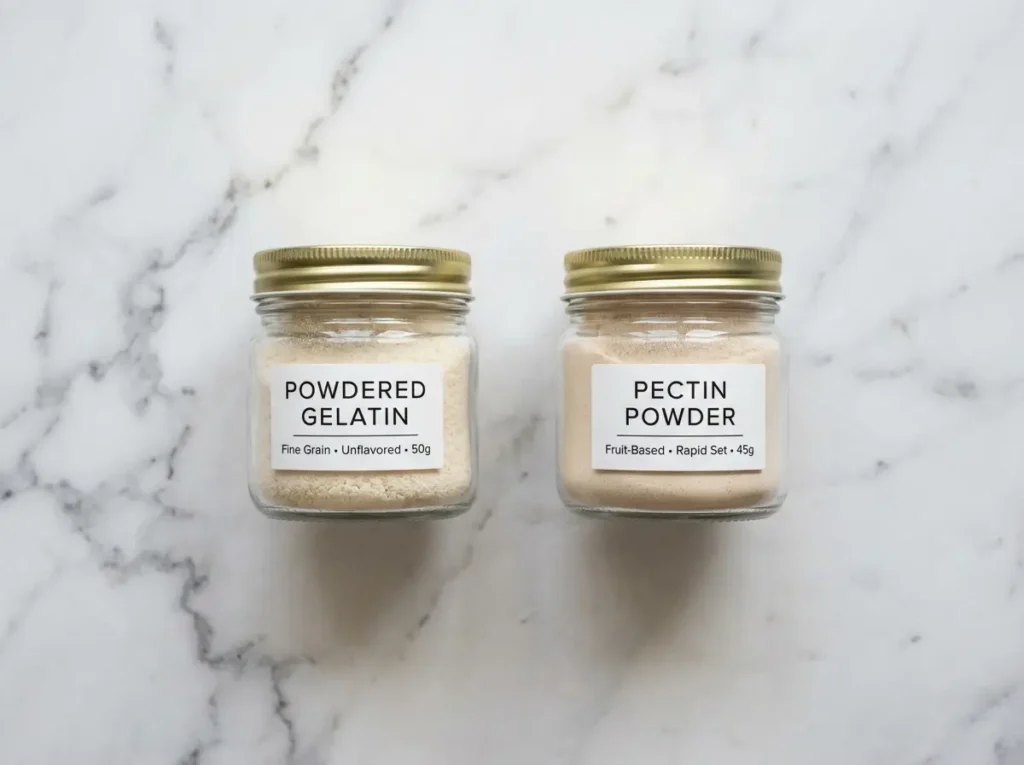 Pectin powder and gelatin powder side by side on marble
