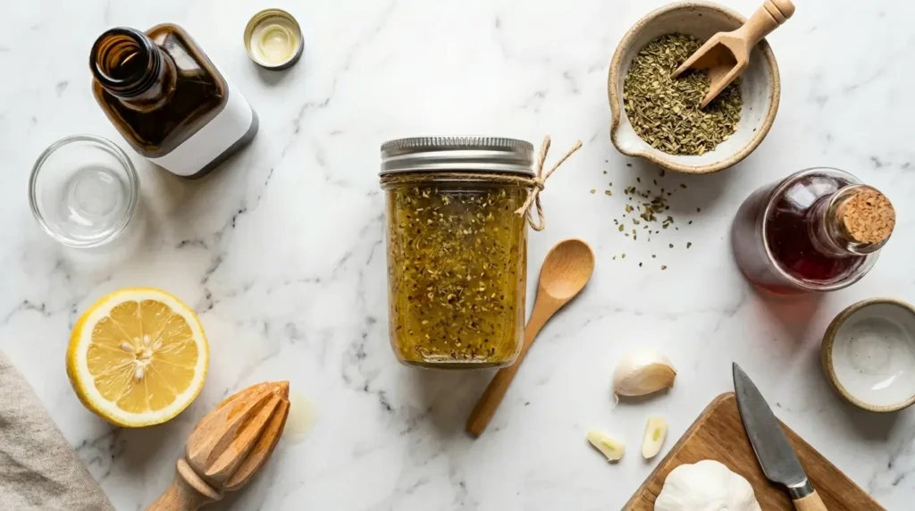 pioneer woman greek island dressing drizzled over greek salad with feta and olives