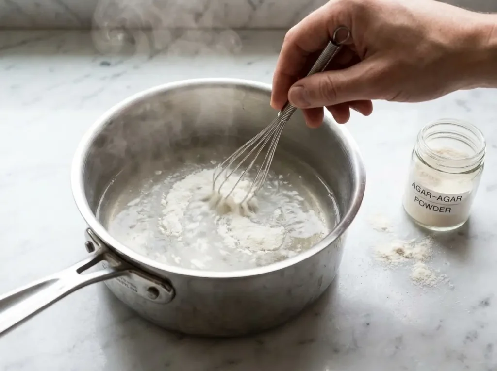 Whisking agar-agar powder into saucepan