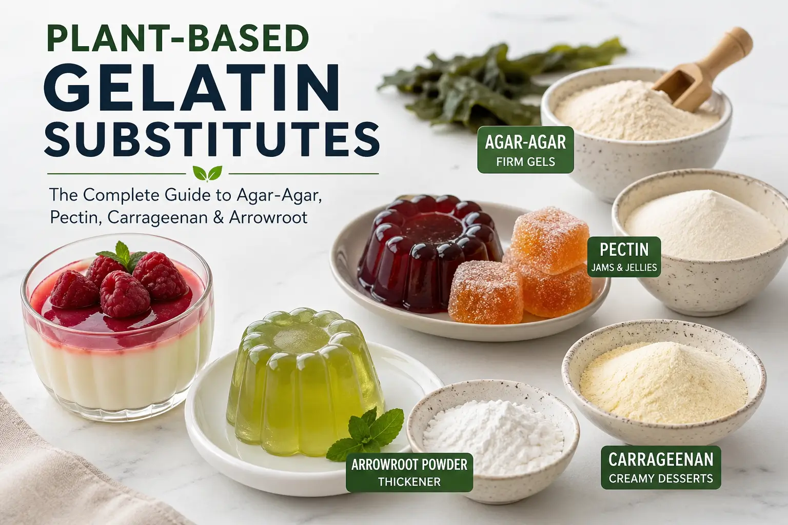 Plant-based gelatin substitutes including agar agar pectin carrageenan and arrowroot powder with vegan jelly desserts