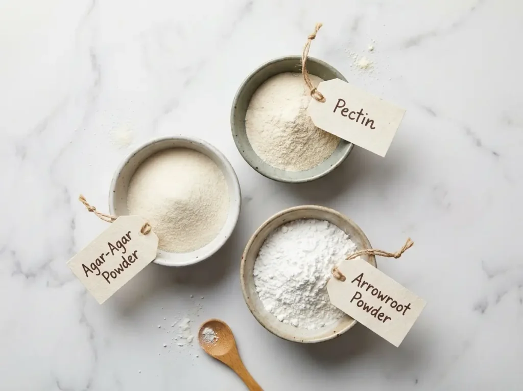 Agar-agar, pectin and arrowroot powder in small bowls on marble
